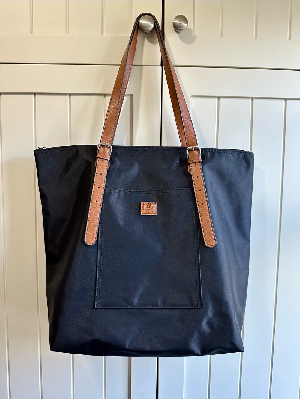 Roots 73 Black Nylon Tote with Brown Leather Straps and Detachable Pouch